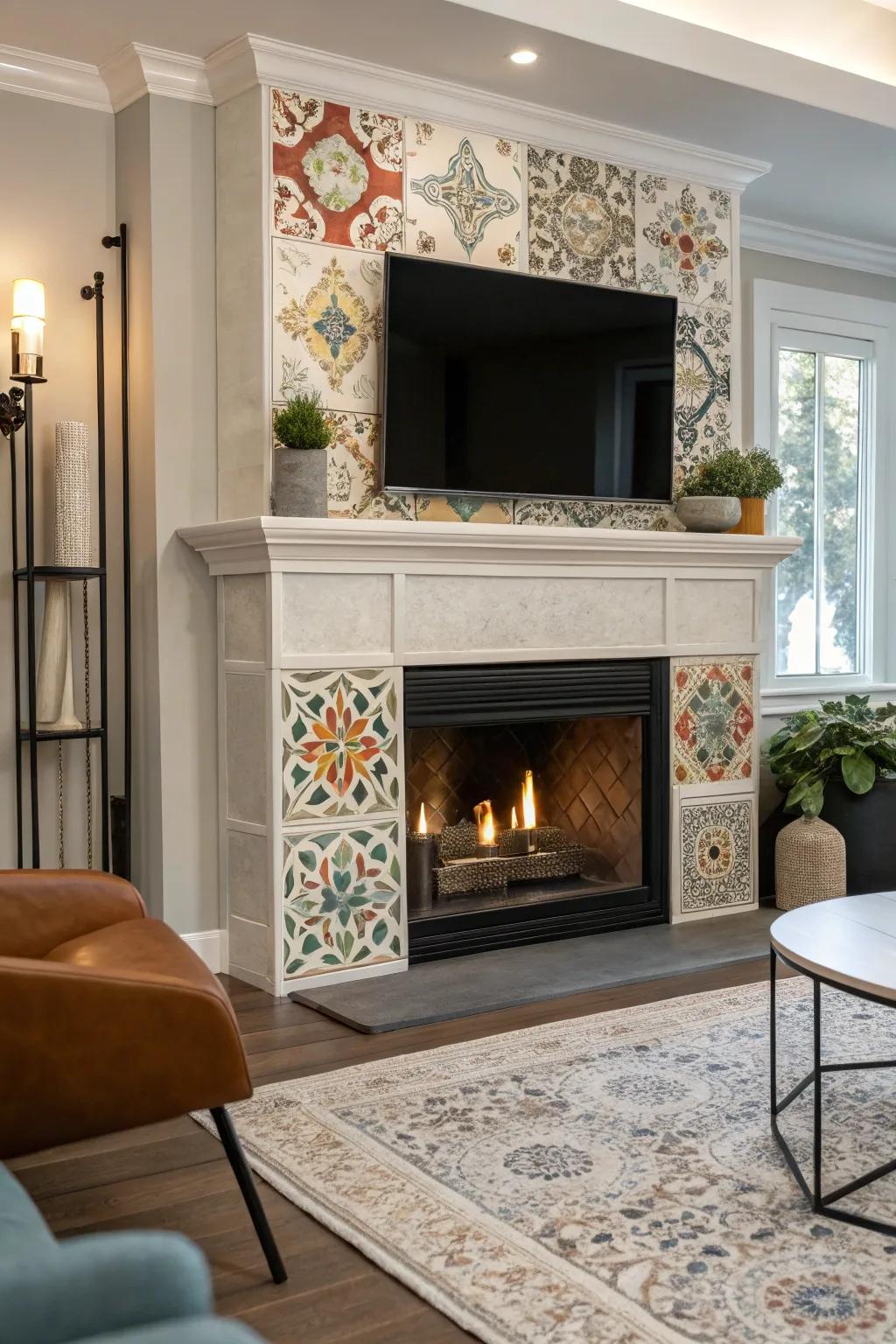 An artistic tile facade enhancing the design of a gas fireplace.