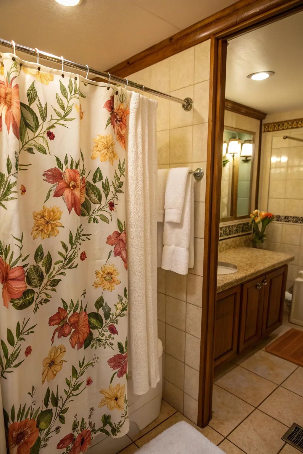 A bathroom ornamented with a botanical shower drape and lush textiles for a feminine accent.