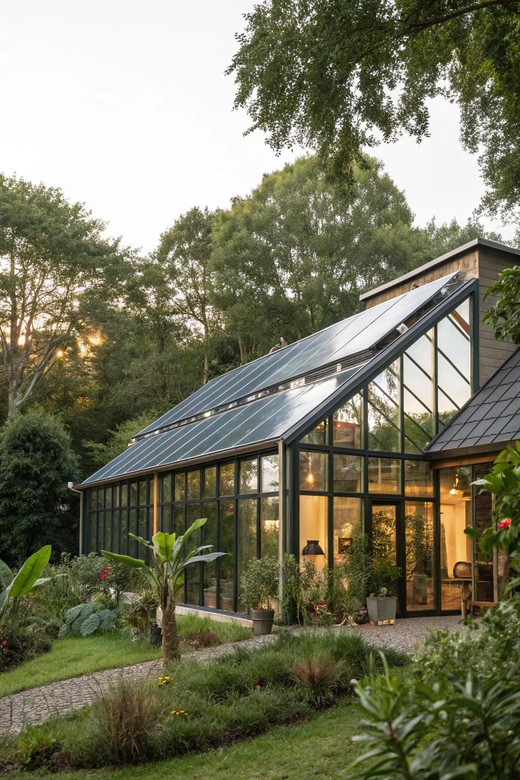 Eco-friendly glass home showcasing sustainable design components.