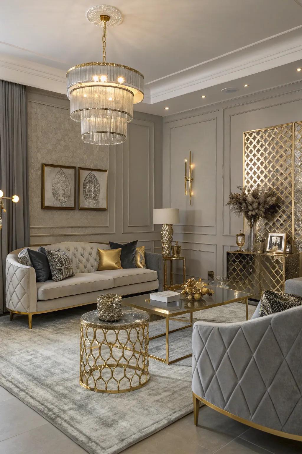 Metallic embellishments elevate the elegance of the lounge.