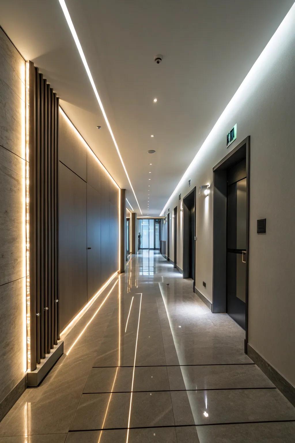 LED strip lighting provides a contemporary and atmospheric hallway vibe.