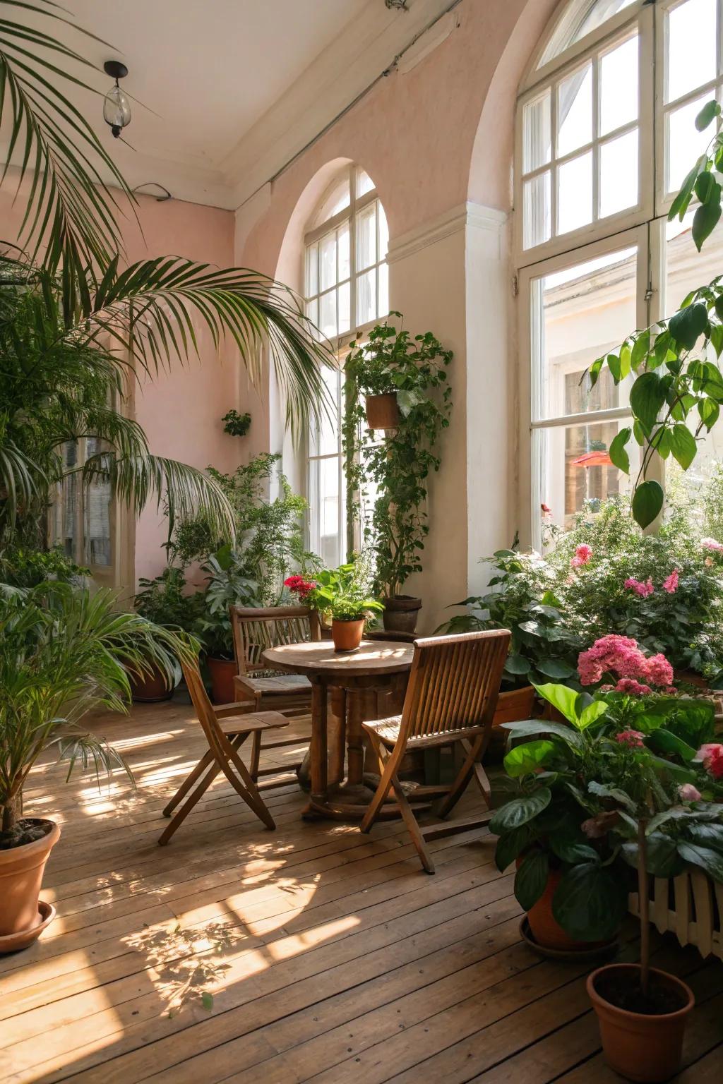 A modern living area enriched with natural components like plants and wood.