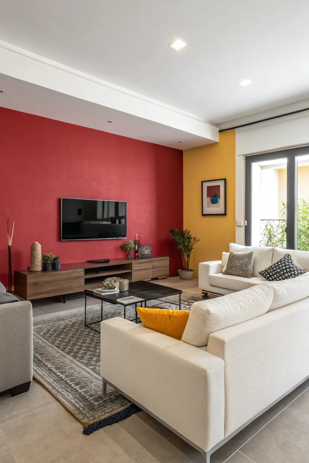 A bold colored wall provides a dramatic background in a modern family room.