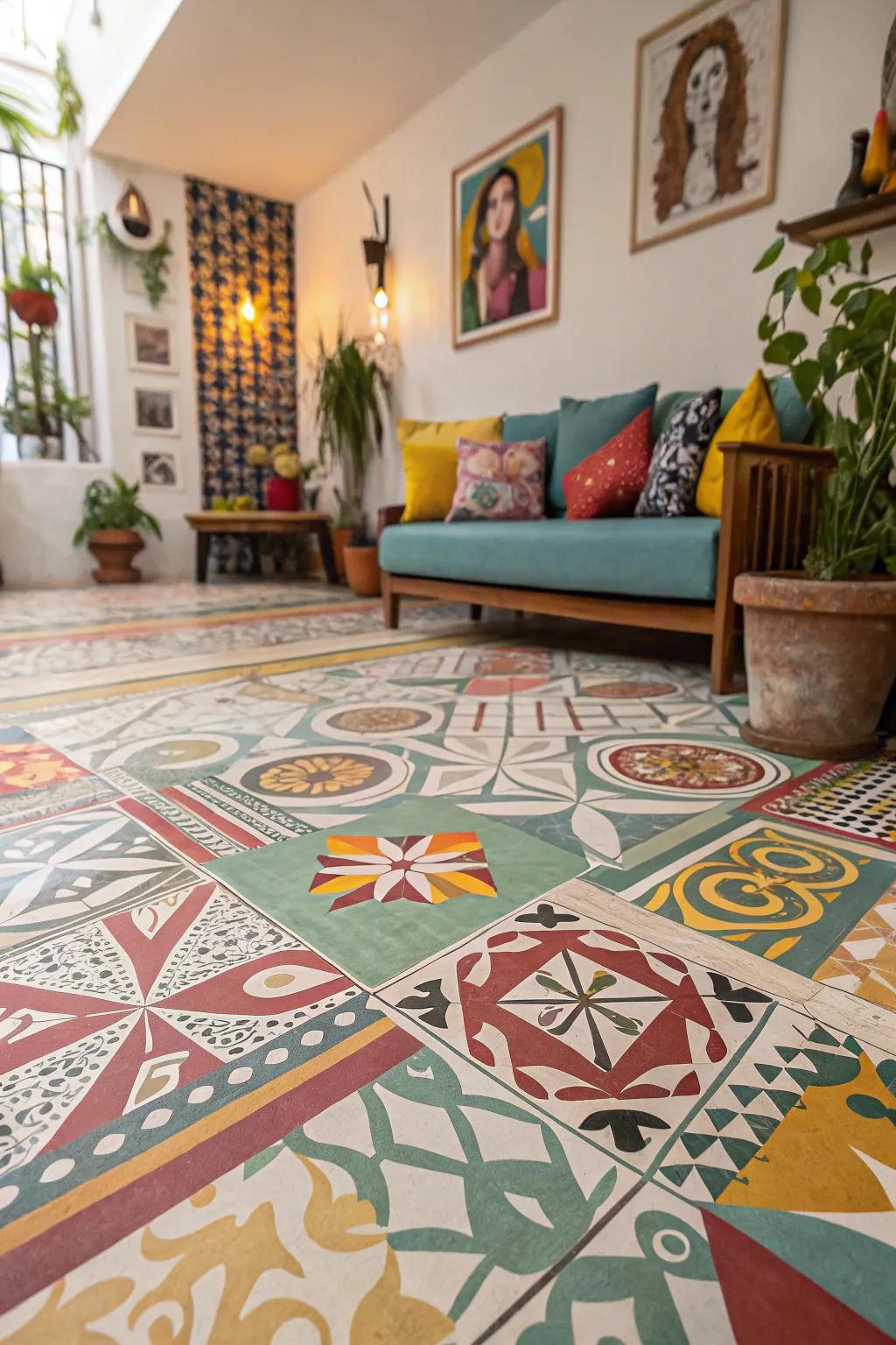 Add character with decorated pottery flooring.