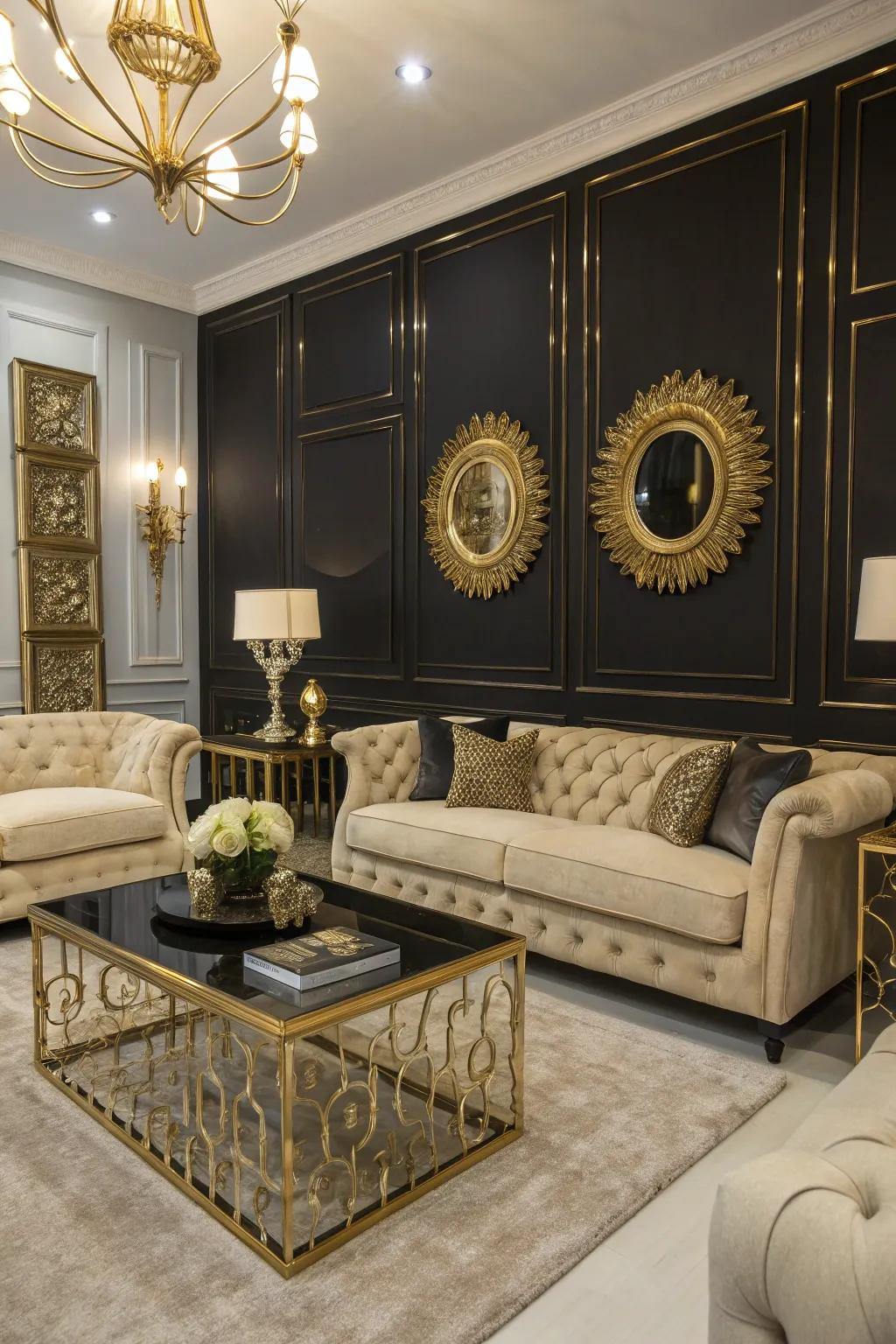 Dark and gold elements create a dramatic and luxurious feel in this living area.