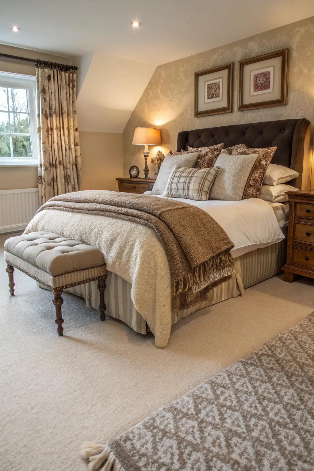 Layered textures establish a snug, inviting atmosphere.