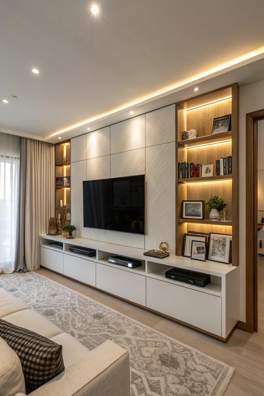 Concealed stowing compartments retain media surface clutter-free and pristine.