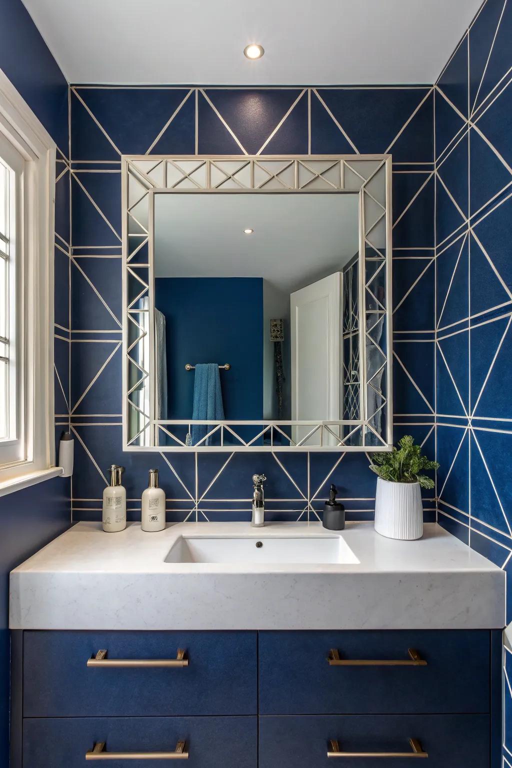 Shaped mirrors amplify area and style in deep sea blue bathrooms.