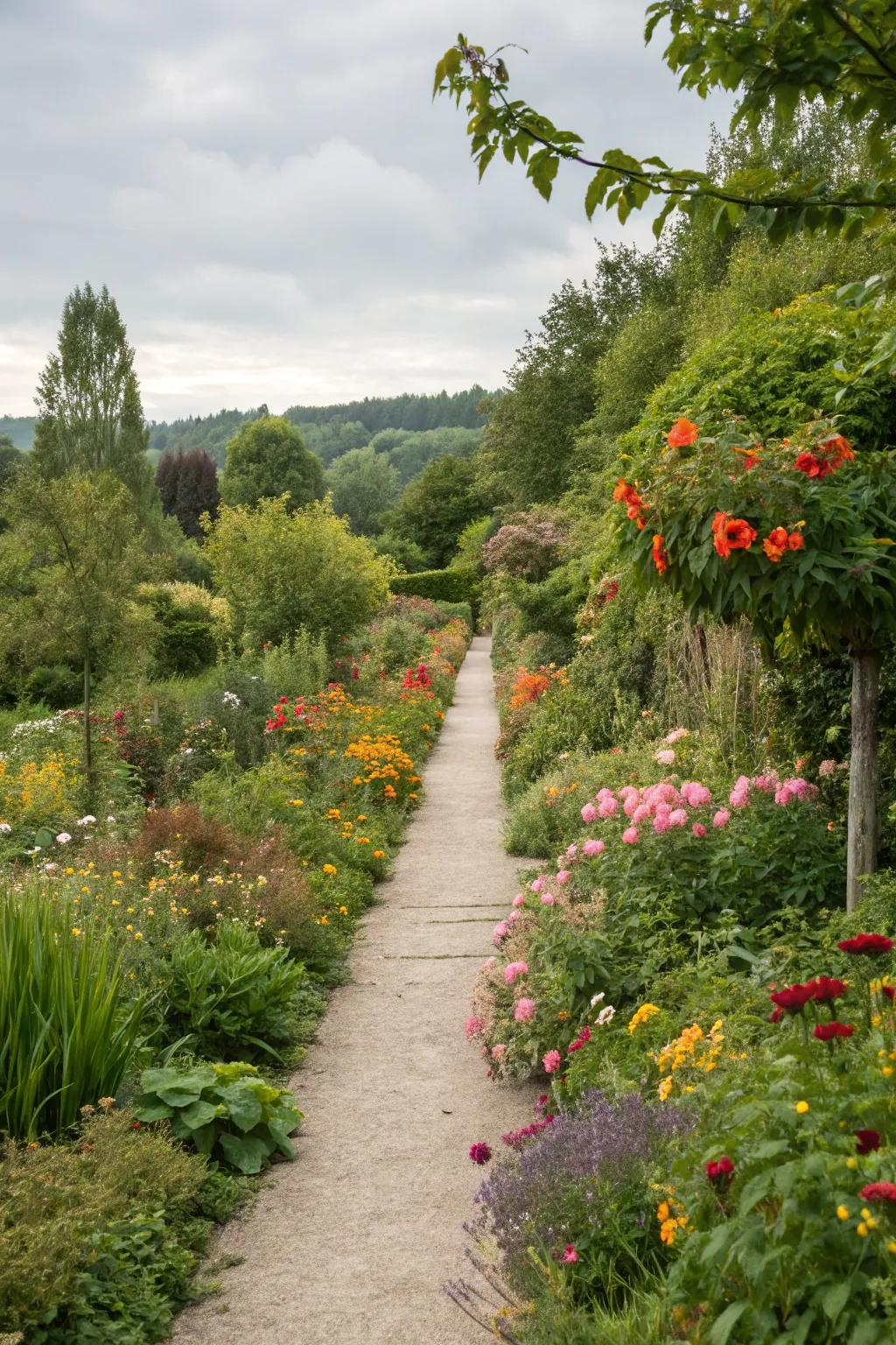 A garden path framed by vibrant growing edges for a natural fusion.