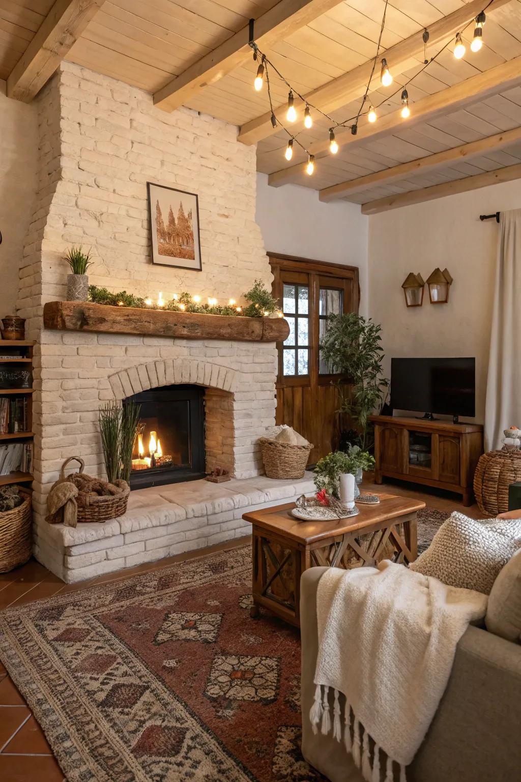Loam-toned painted brick fireplace radiates warmth and appeal.