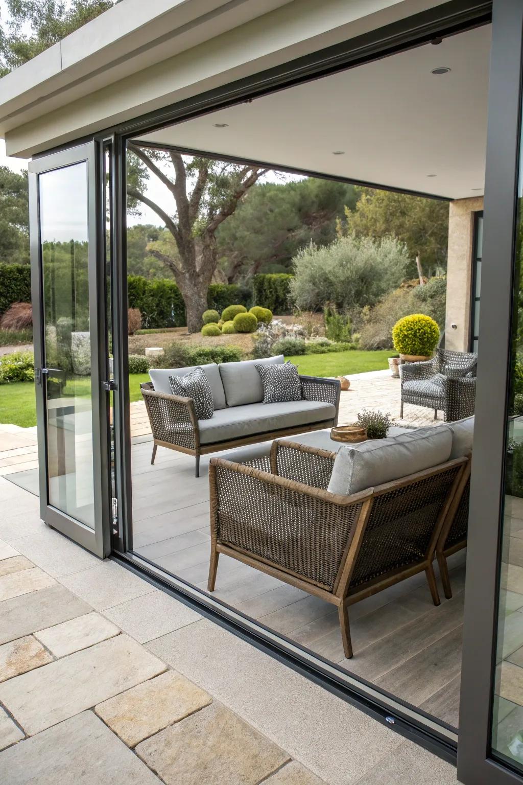 Chic furniture elevating the patio's modern vibe.
