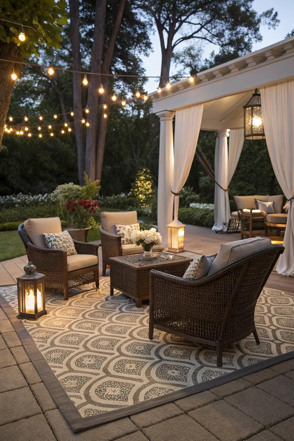 Outdoor fabrics lend comfort and style to patio settings.