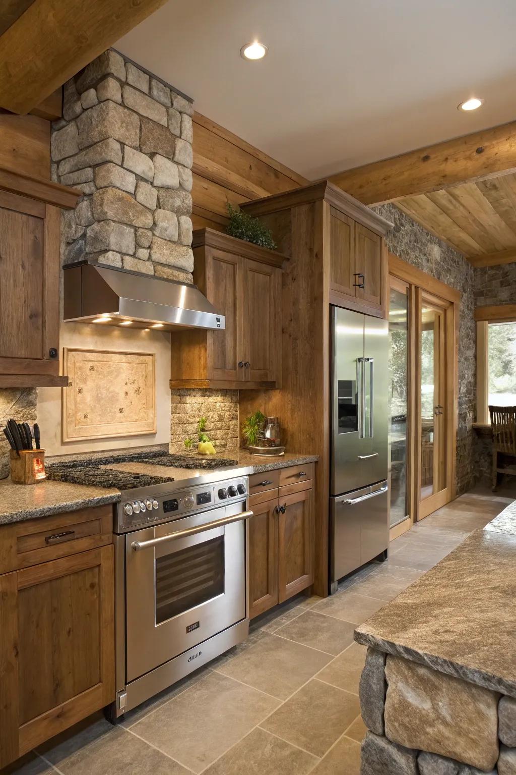 Contemporary appliances integrate seamlessly into this rustic kitchen environment.