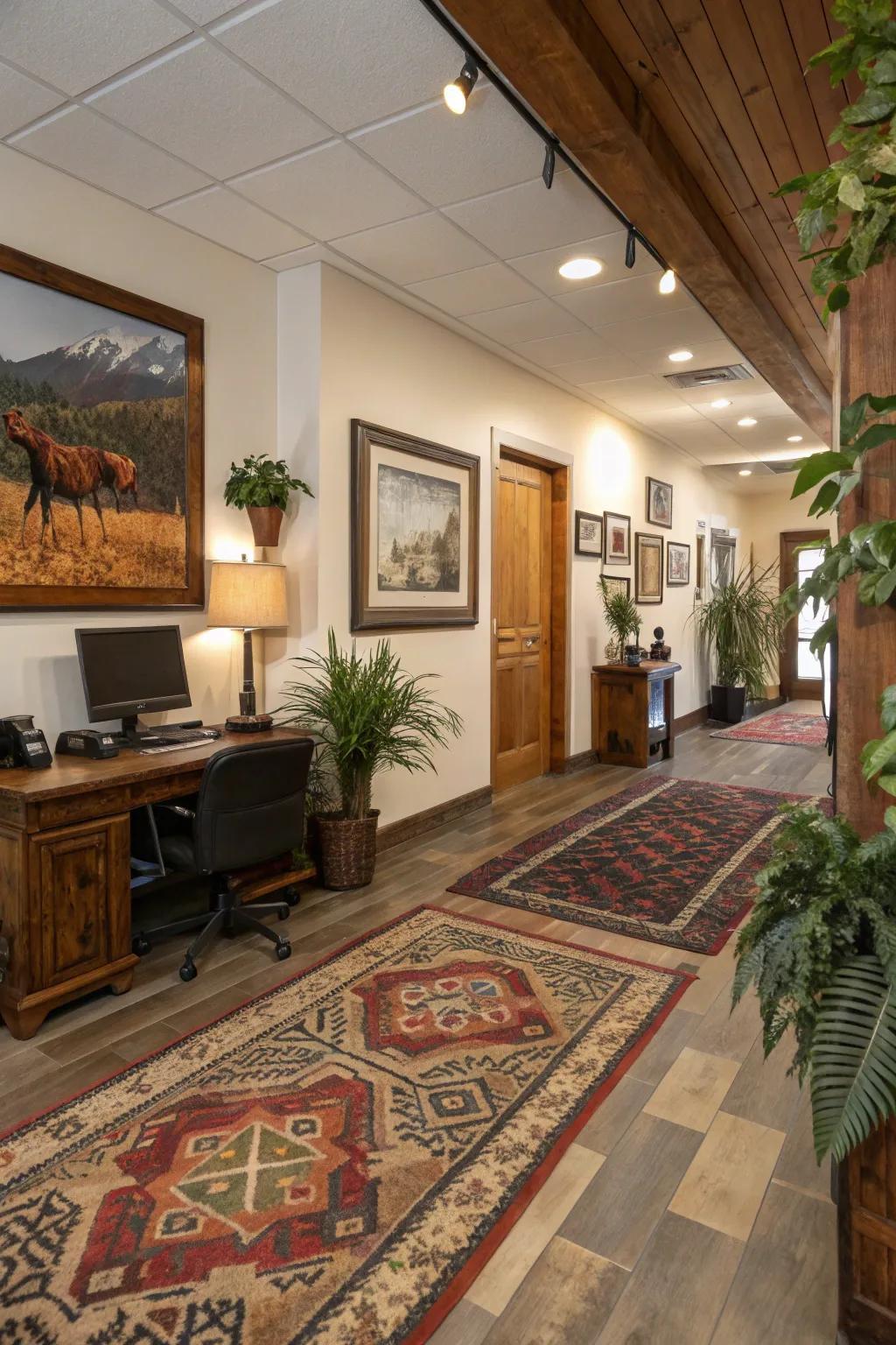 Decorative touches add character and warmth to a rustic office.
