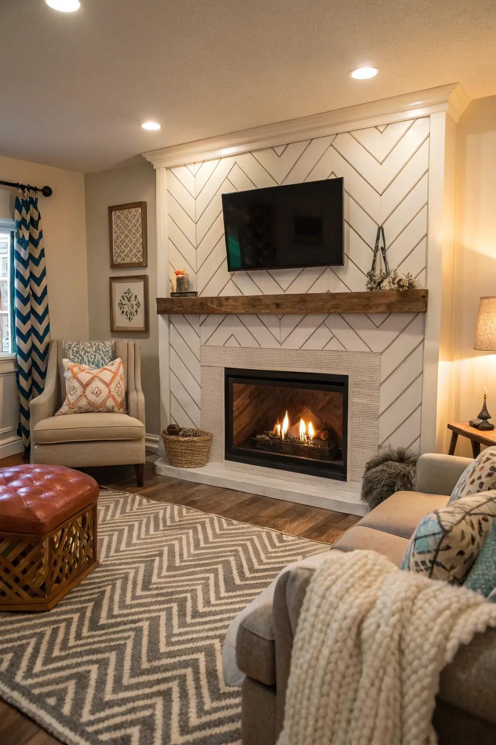 A herringbone patterned shiplap fireplace that contributes texture.