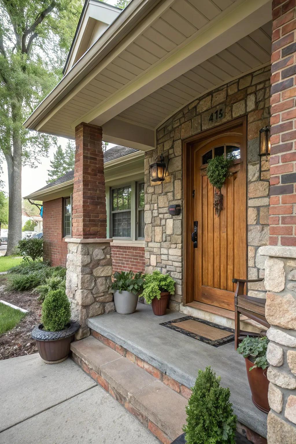 A small front porch enhanced by textured stone and brick details.
