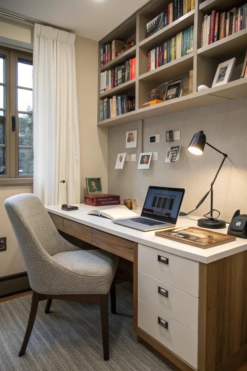 A tech-forward study featuring seamless integration of modern devices.