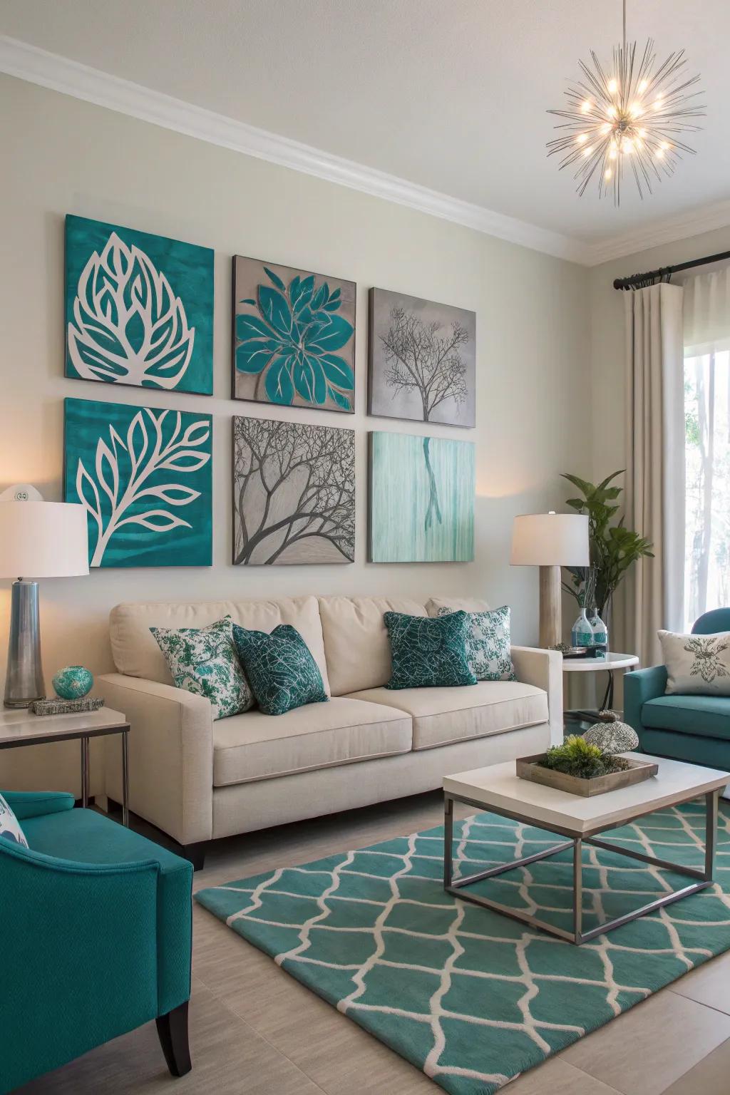 Art pieces that feature teal and grey enhance the design cohesion of the living room.