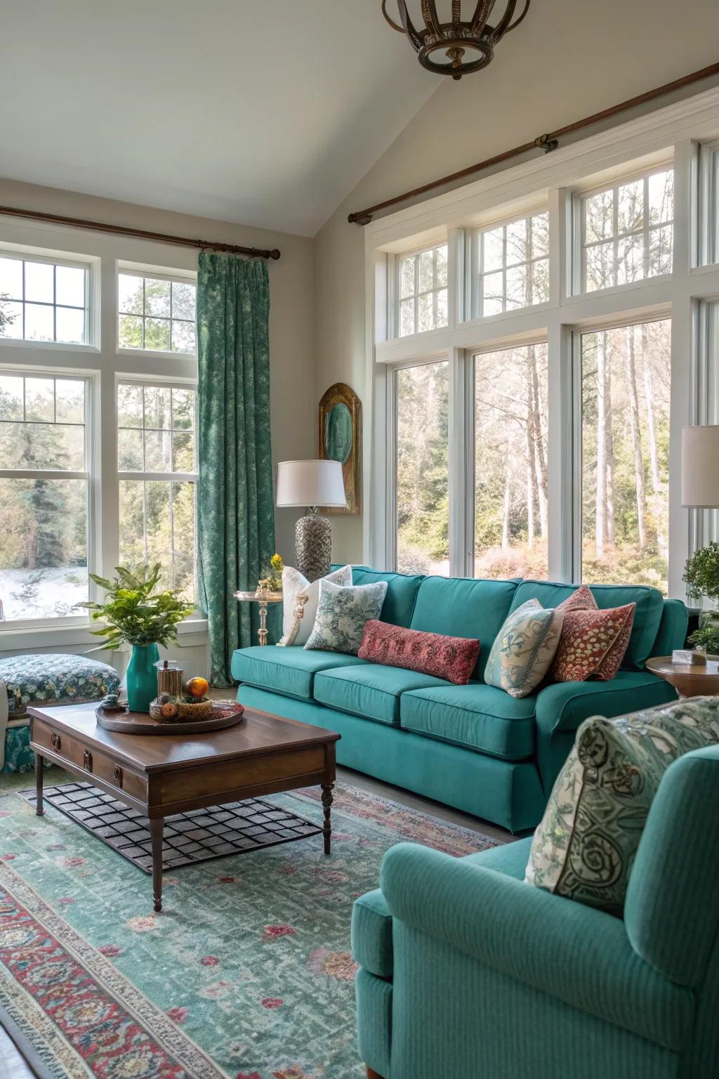 Natural light intensifies the deep shades of teal in this contemporary living space.
