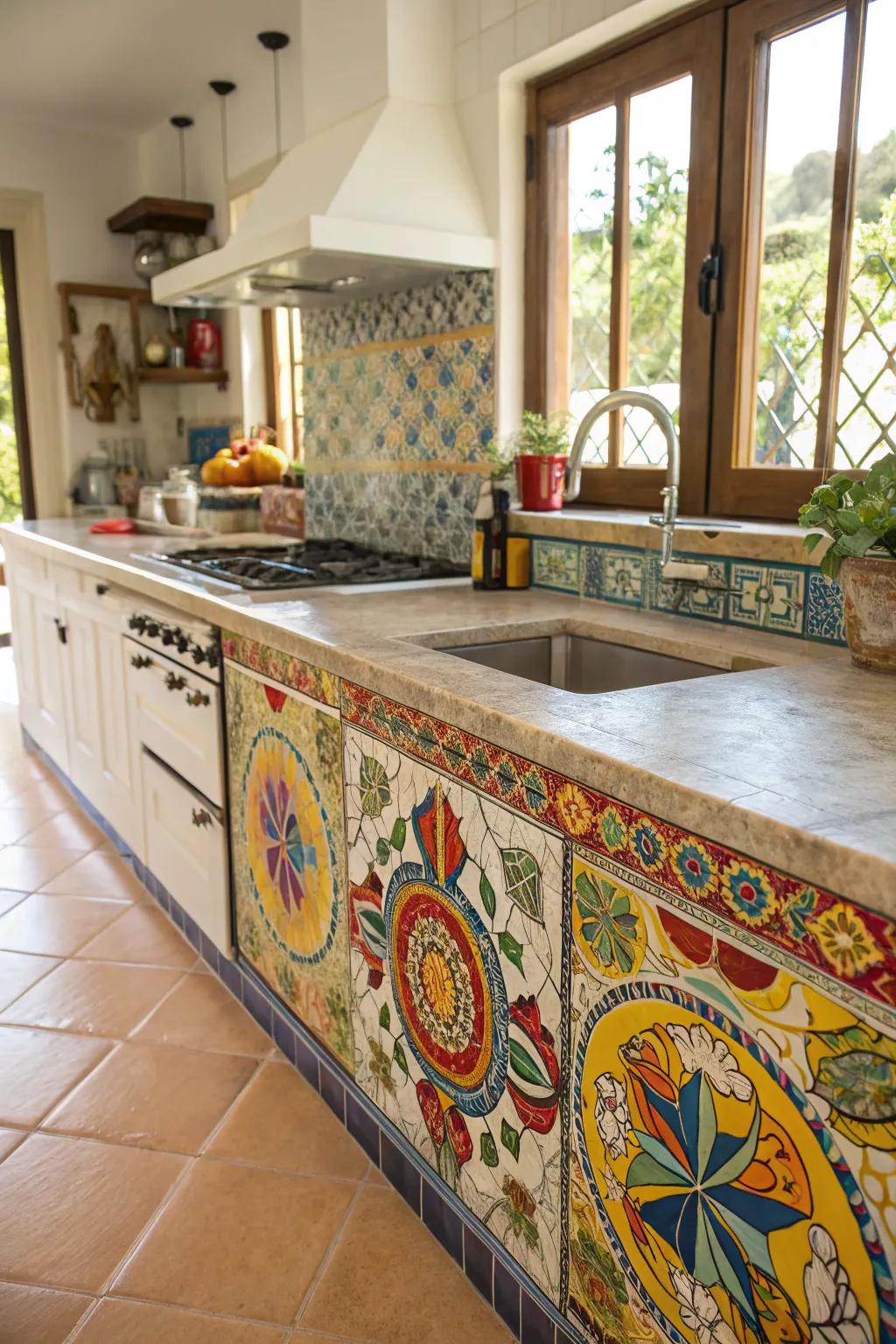 Kaleidoscopic tiles transform this kitchen surface into a masterpiece.