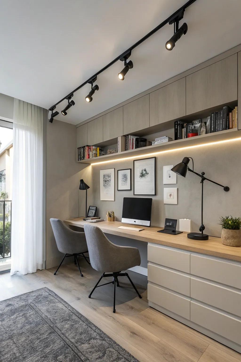 Chic home office with contrasting black track lighting.