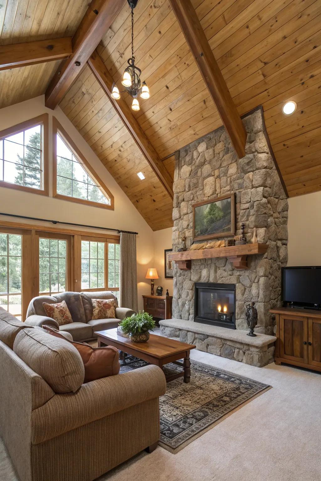 Layered surfaces enrich the charm and depth of this vaulted ceiling living room.
