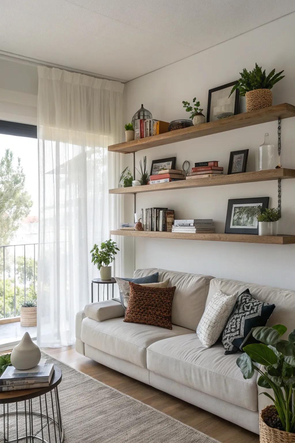 Floating ledges offer both storage and style.