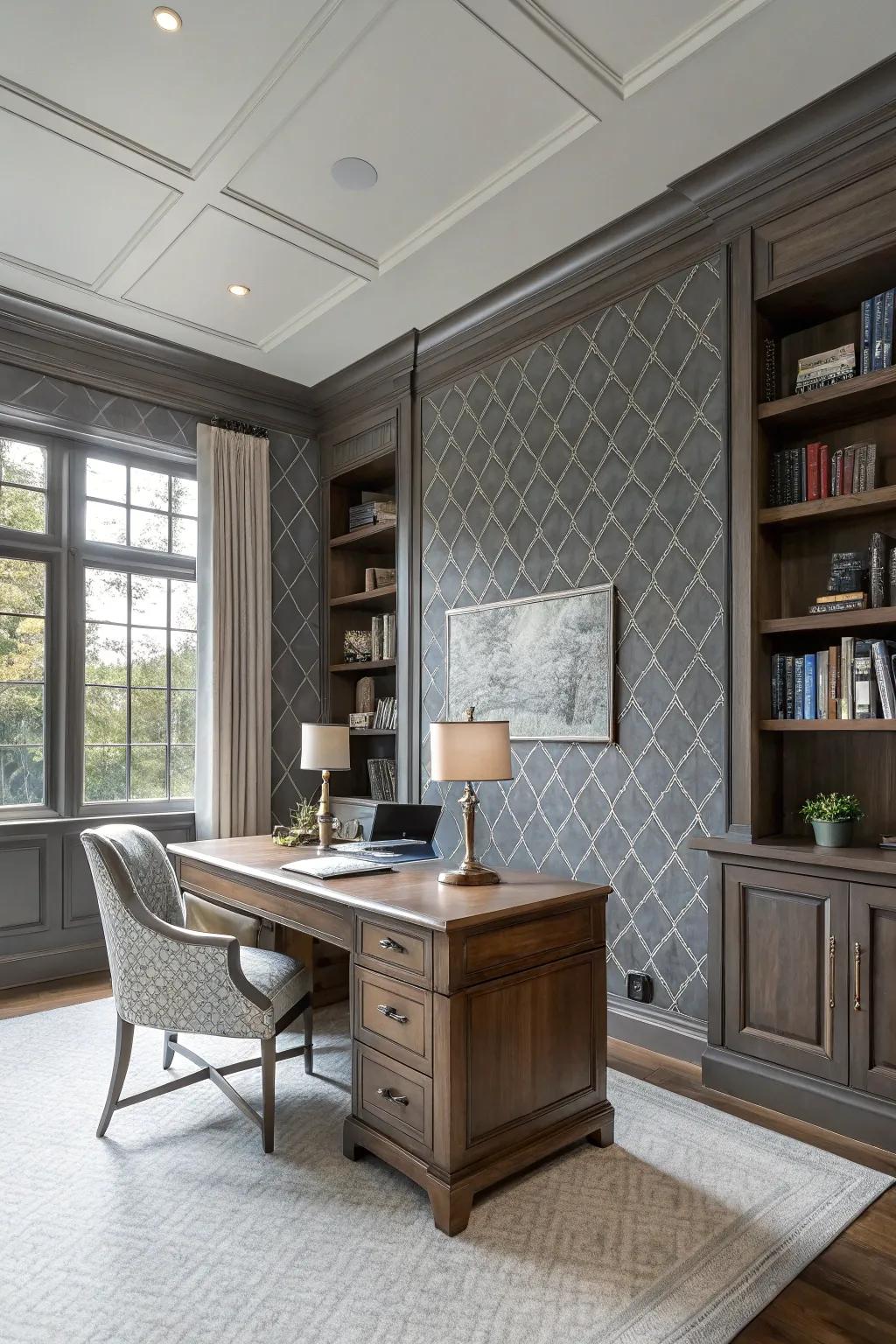 Single-color wall covering creates a sophisticated home office.
