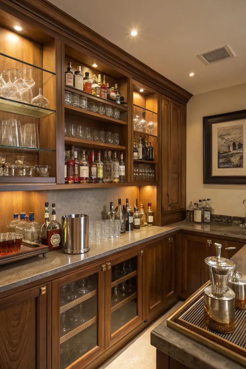 A well-equipped bar is the core of any whiskey room.
