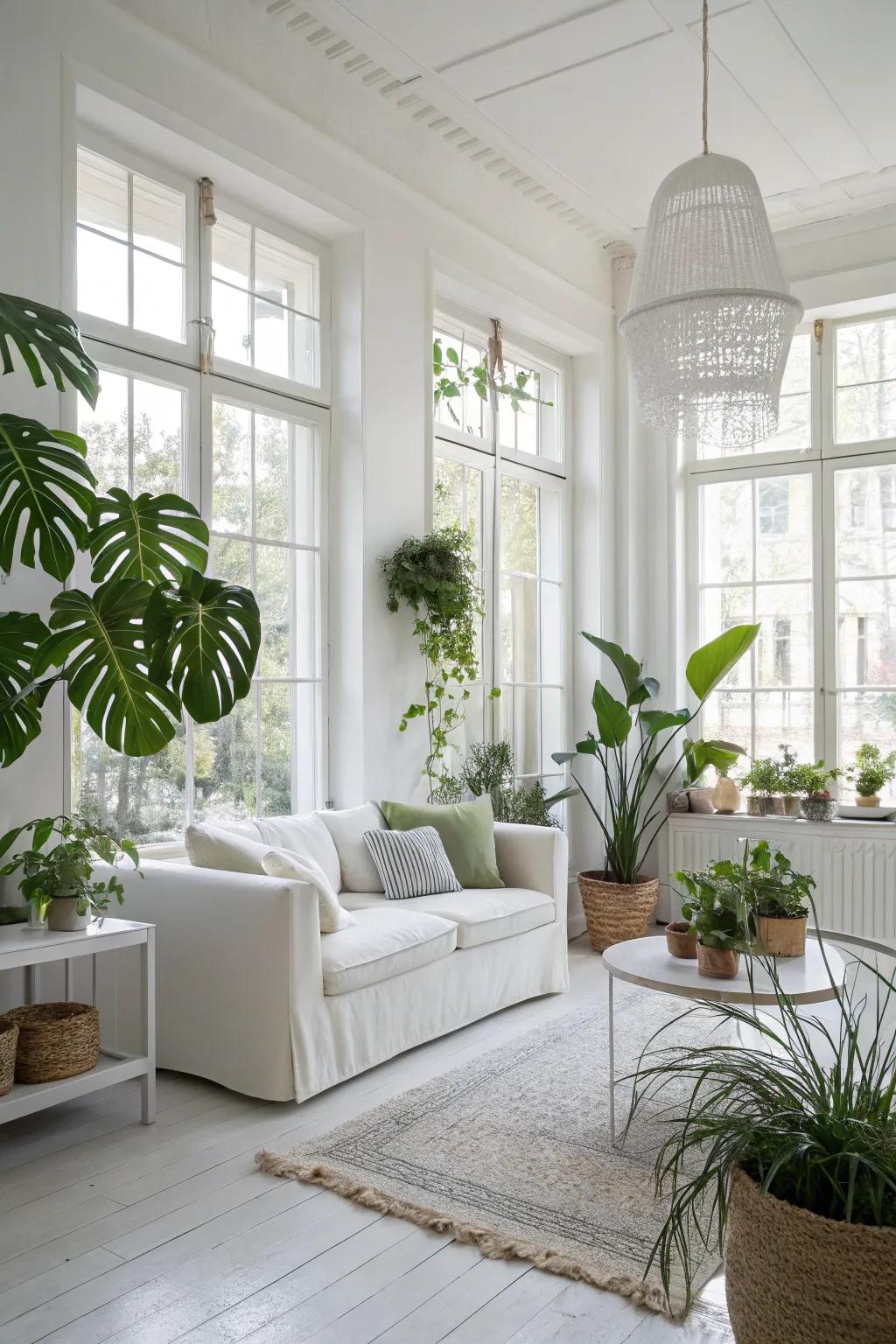 Indoor plants add a revitalizing touch to a modern white living space.