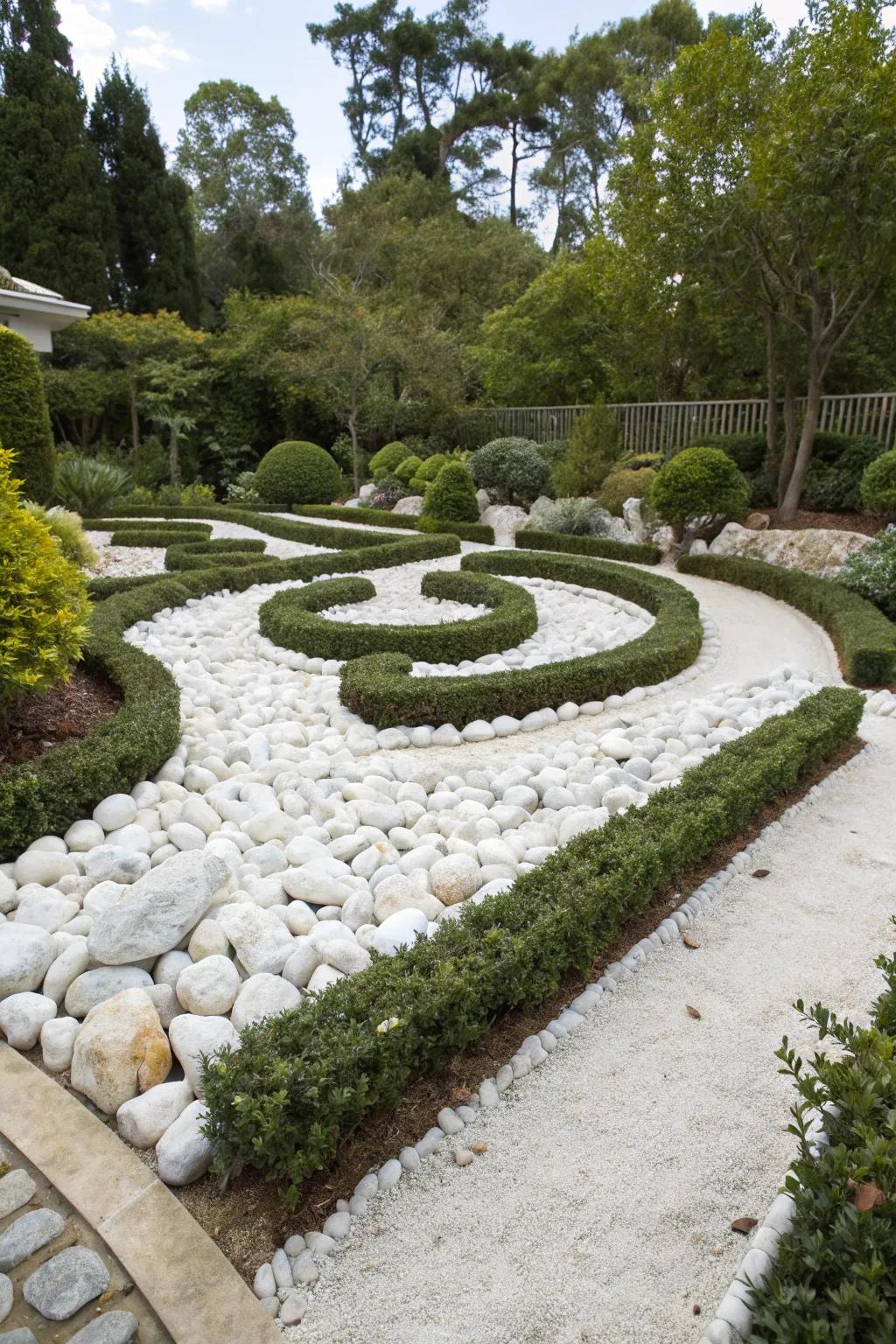 An organized garden with white stones, outlined by elegant metal or treated wood borders.