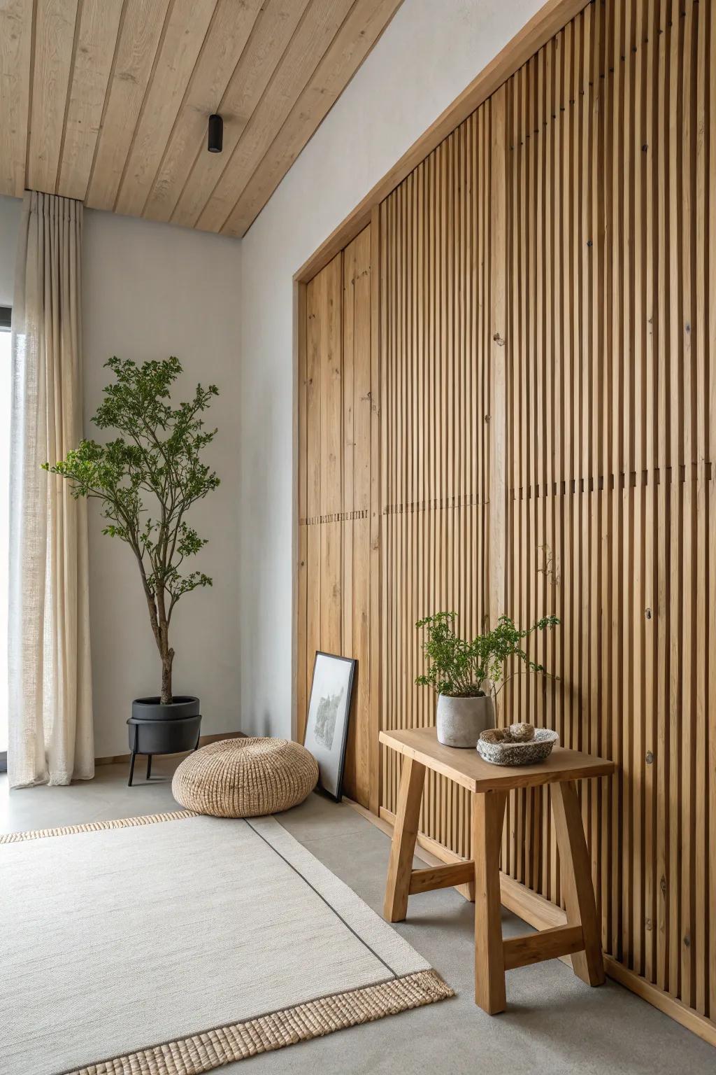 Achieve serenity with a natural wood slat wall that harmonizes with minimalist decor.