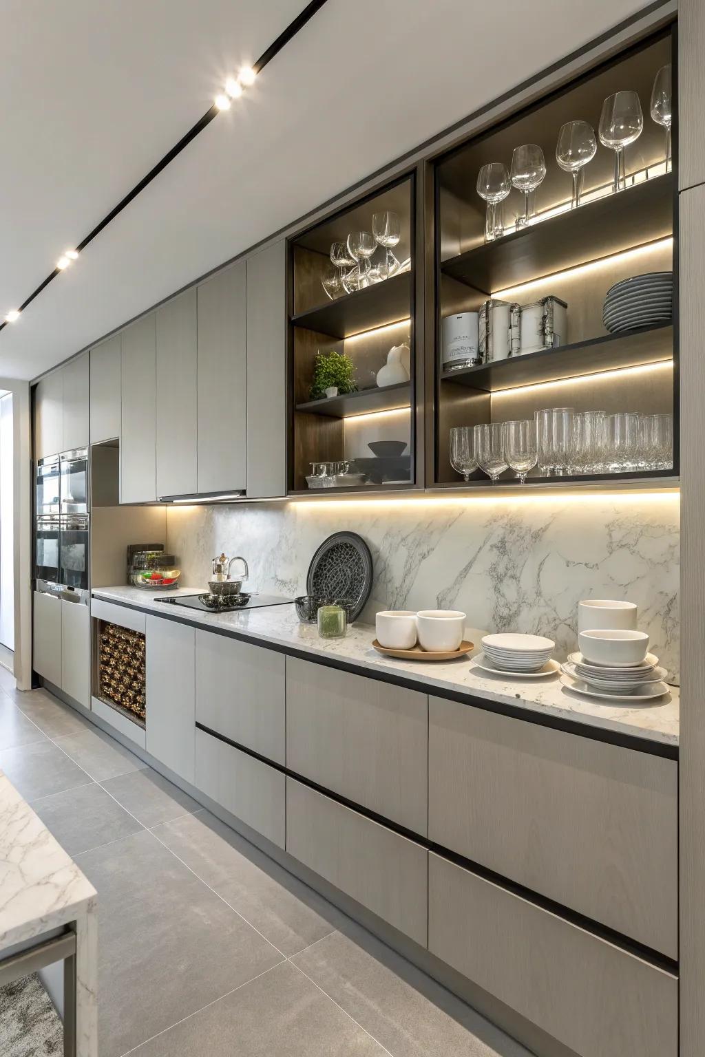 Produce an open and welcoming space using fashionable shelving.