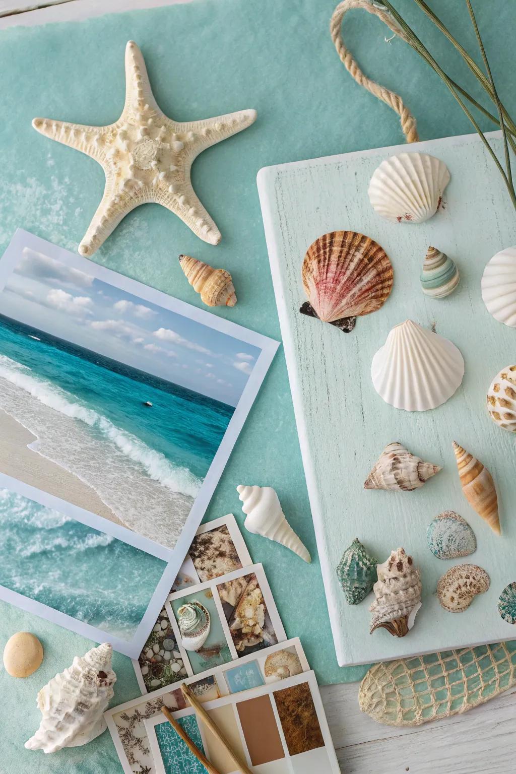 A seaside mood board with sea-like colors and sandy textures.