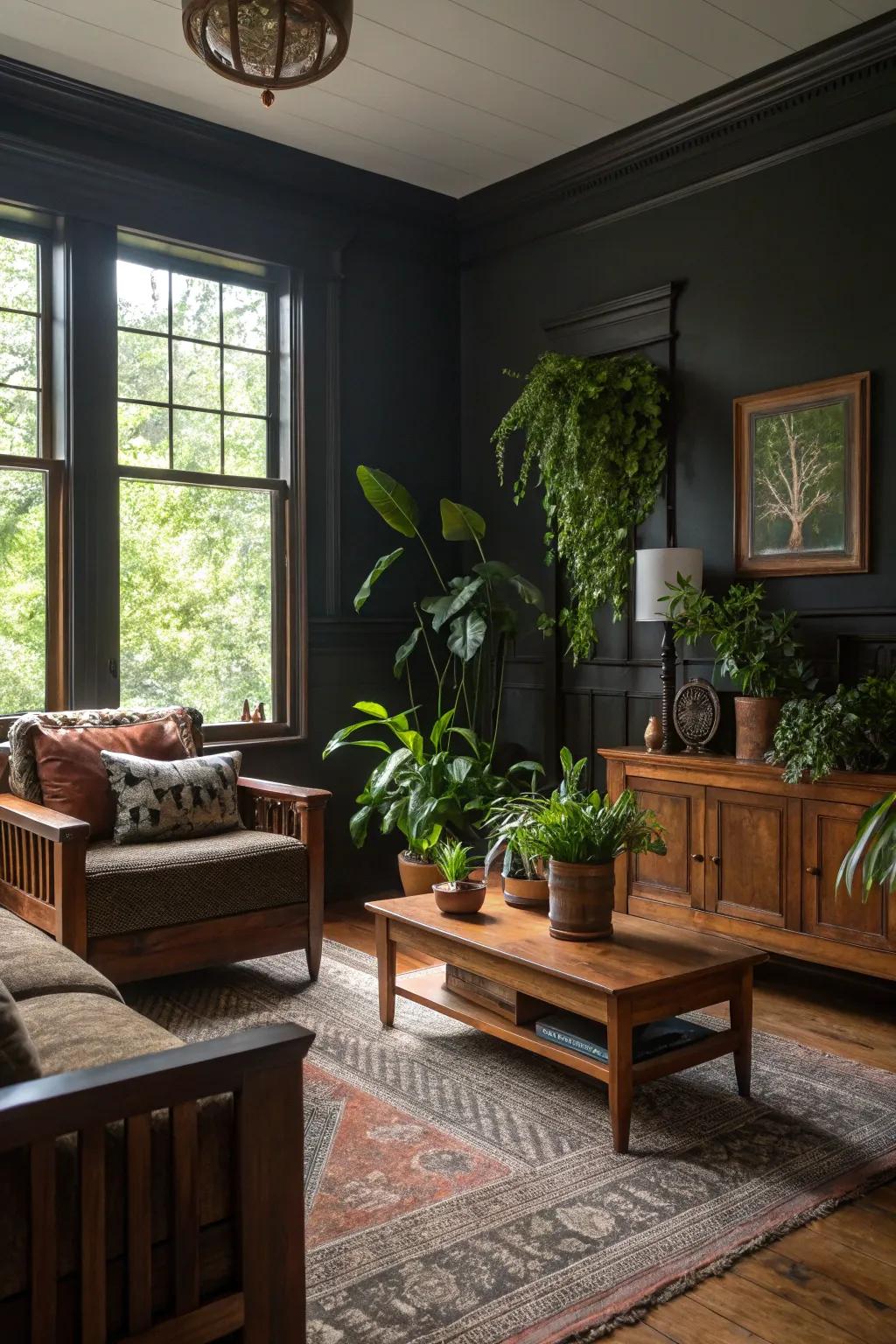 Natural touches like wooden furniture and plants in a dimly lit living space.