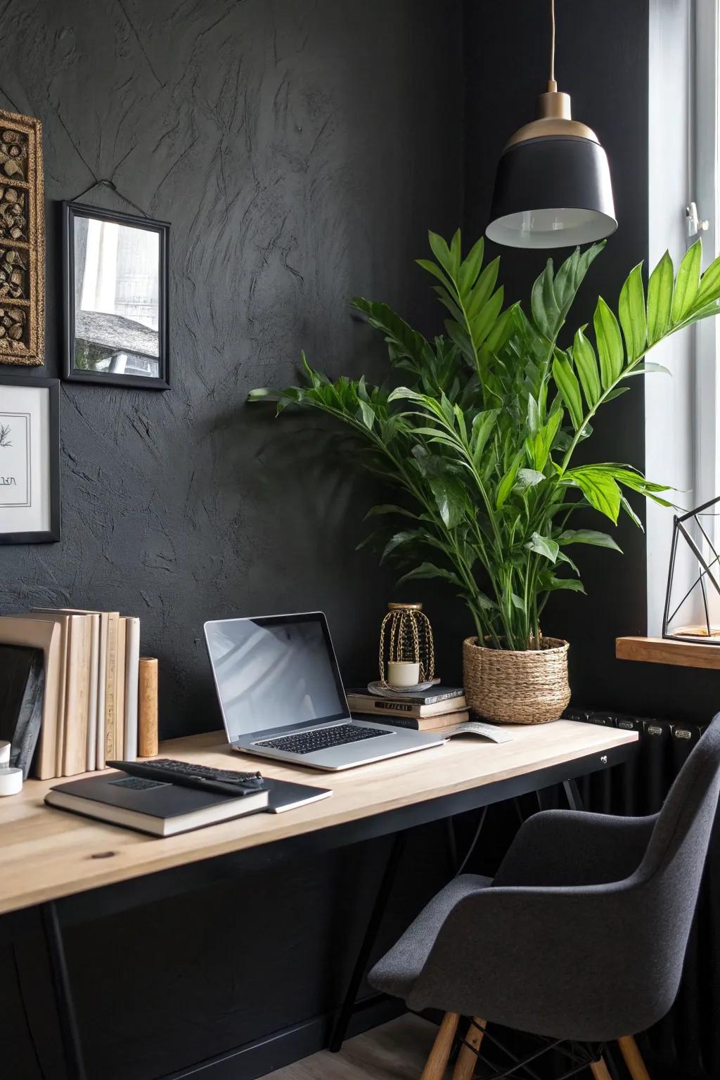 A burst of vegetation enlivens this sophisticated office environment.