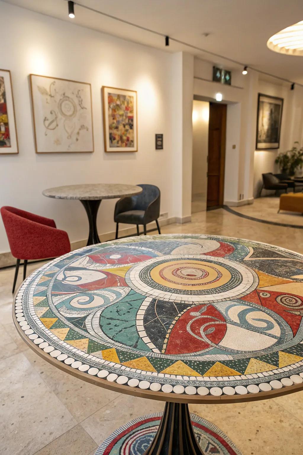 Abstract mosaic artworks transform tables into captivating displays of inventiveness.