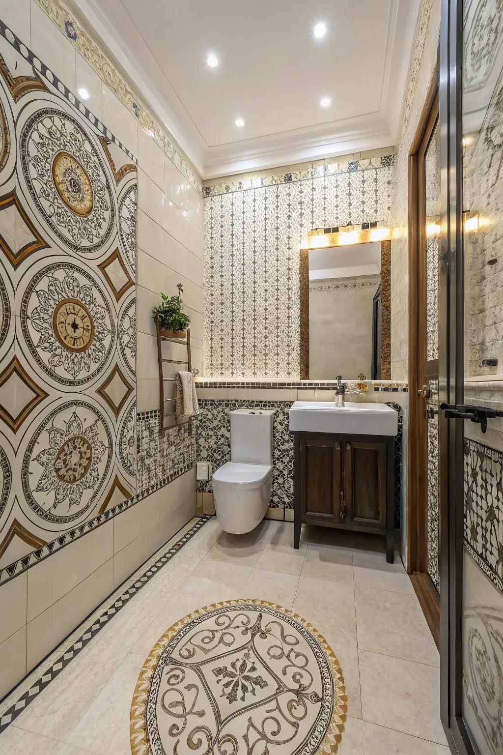 A balanced mix of heritage and contemporary mosaic designs in the bathroom.