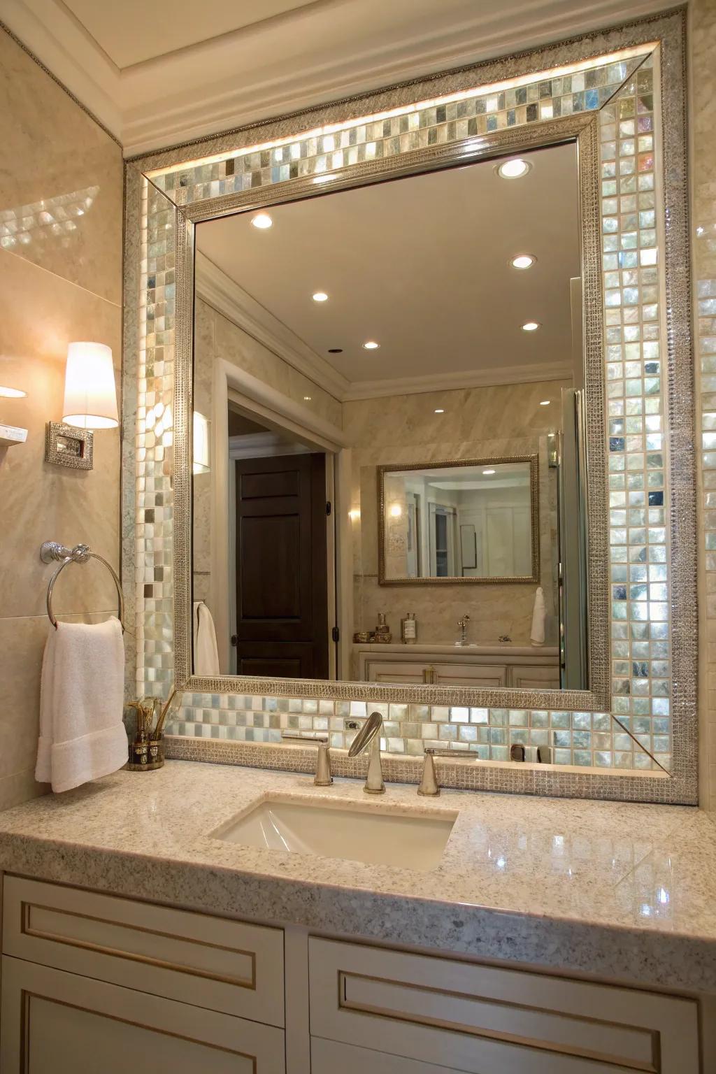 A nacre mirror frame provides a sense of elegance and refinement.