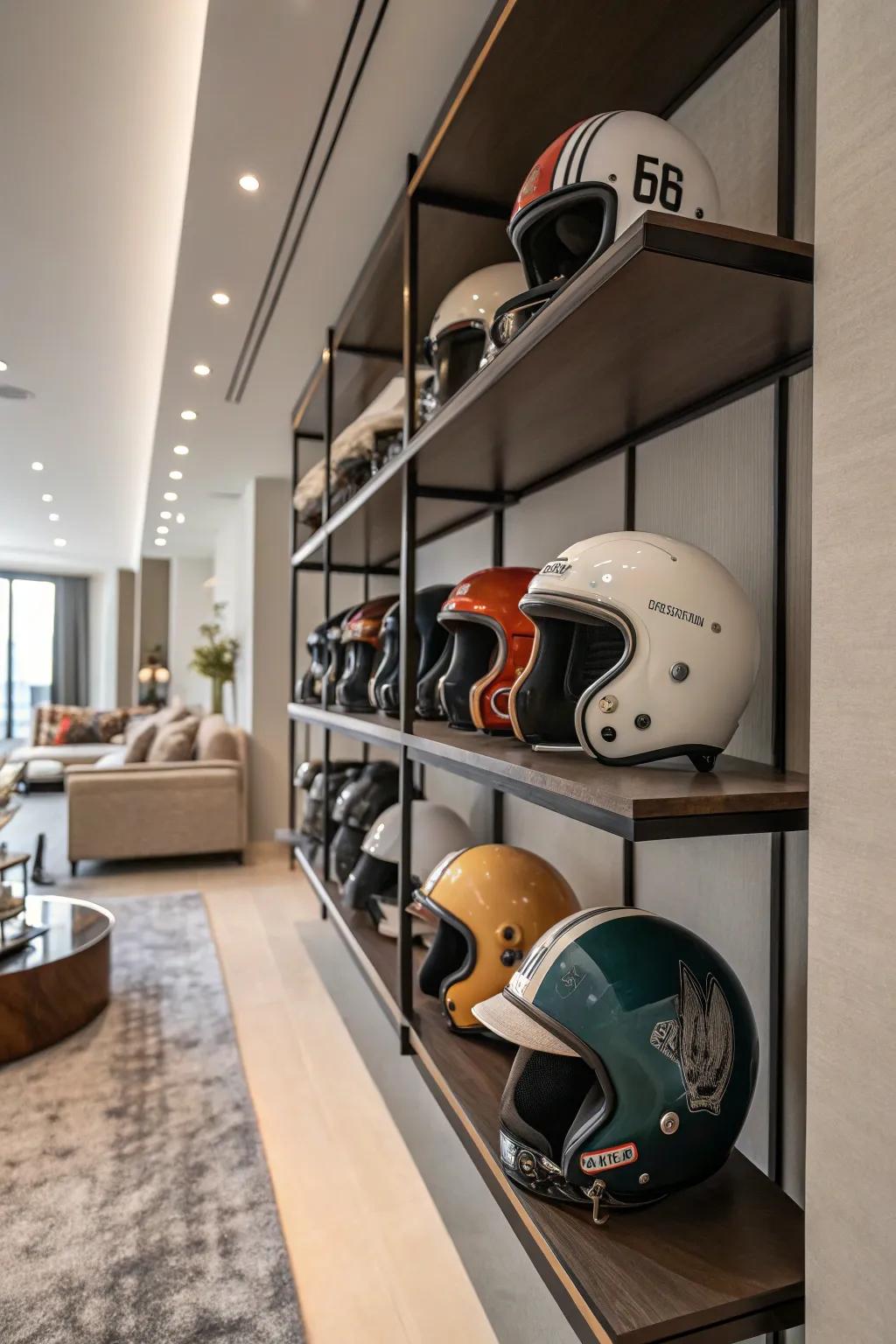 Classic helmets arranged as standout decorative elements.