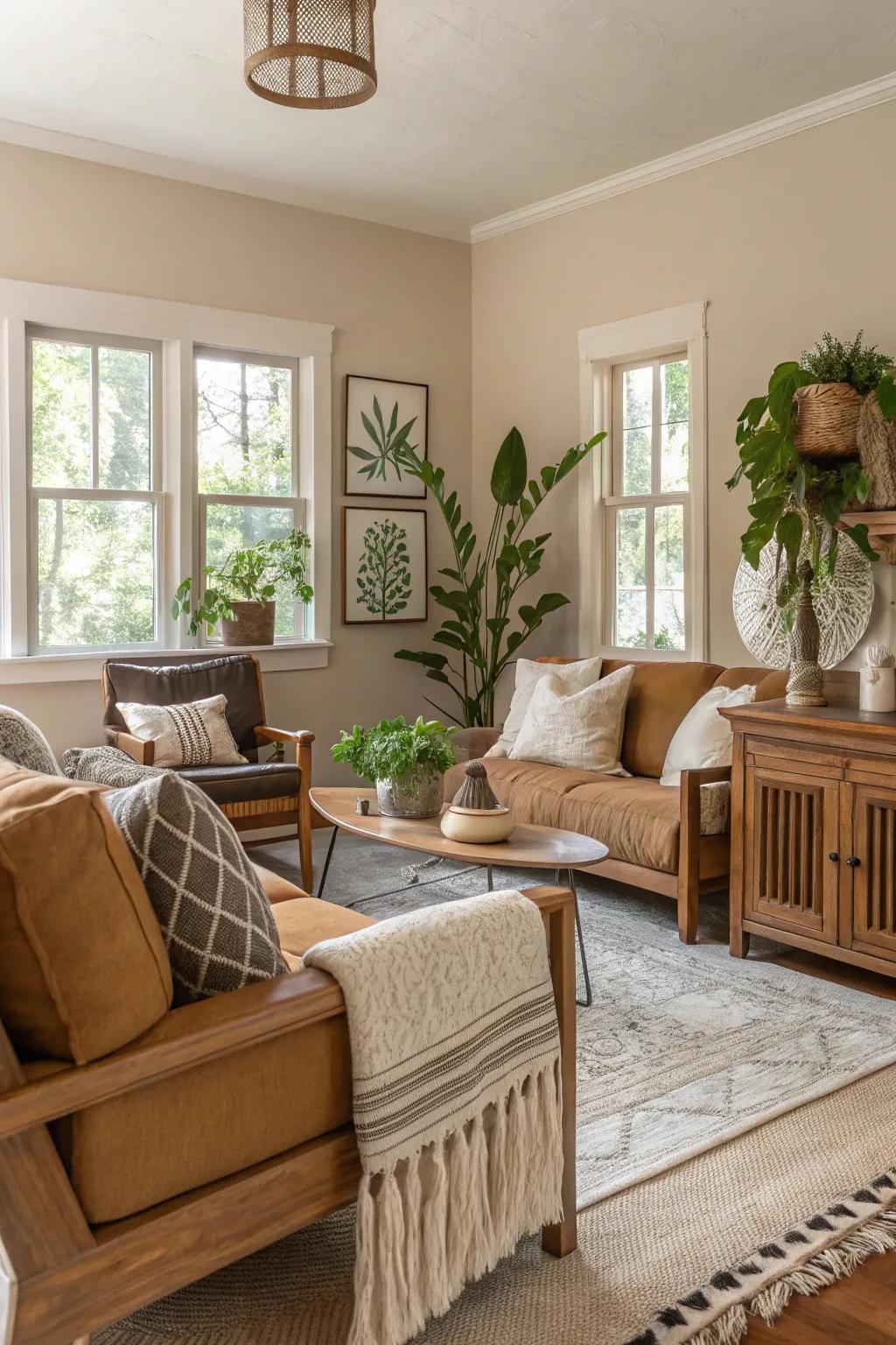 Earthy tones form a serene and harmonious living area.