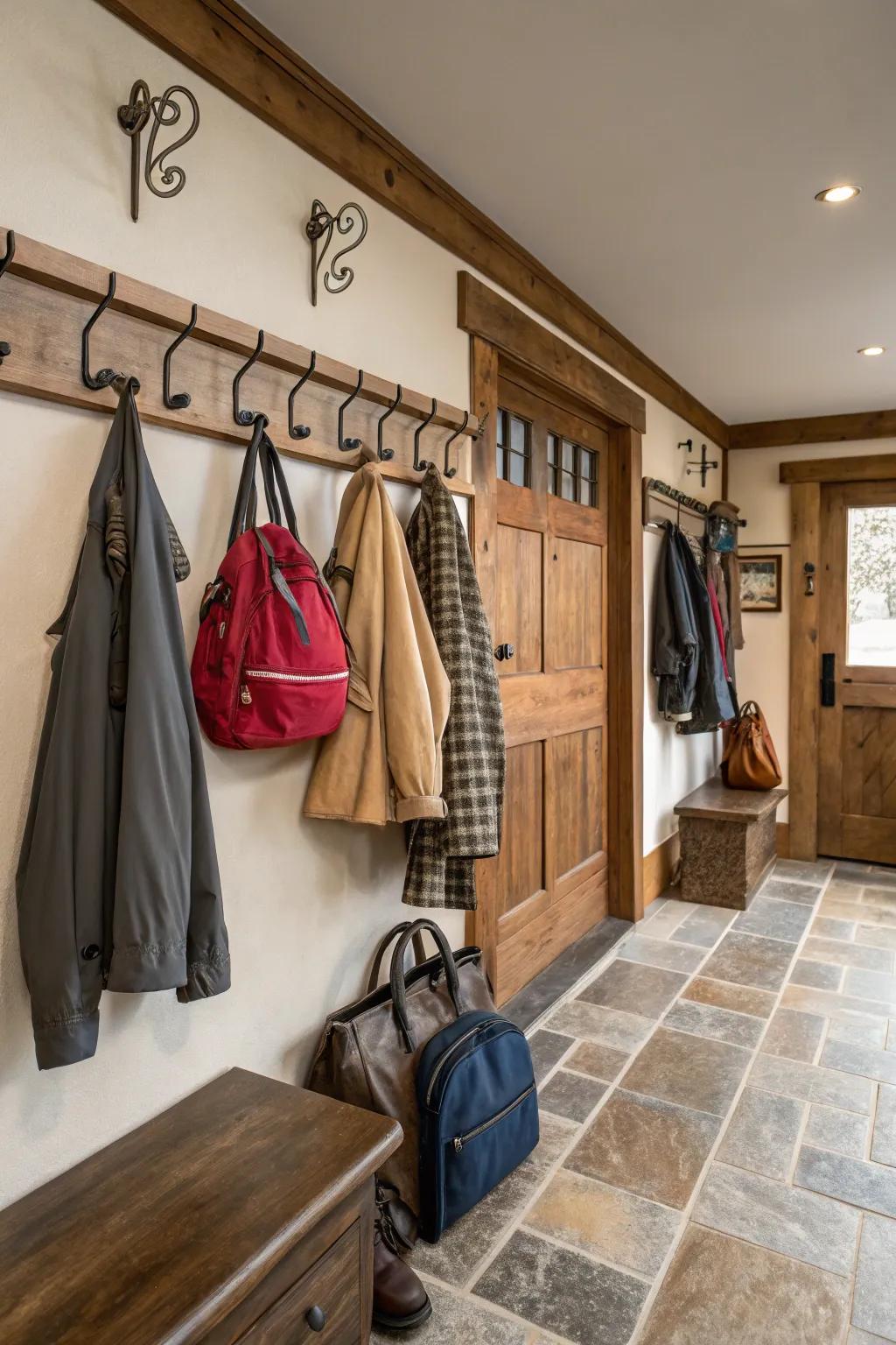 Keep must-haves within reach using wall hooks.