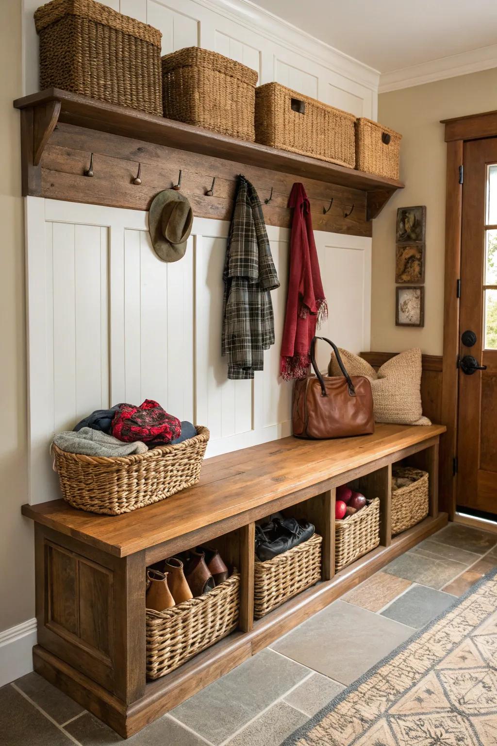 A chic mudroom bench featuring ornamental containers for stowage.