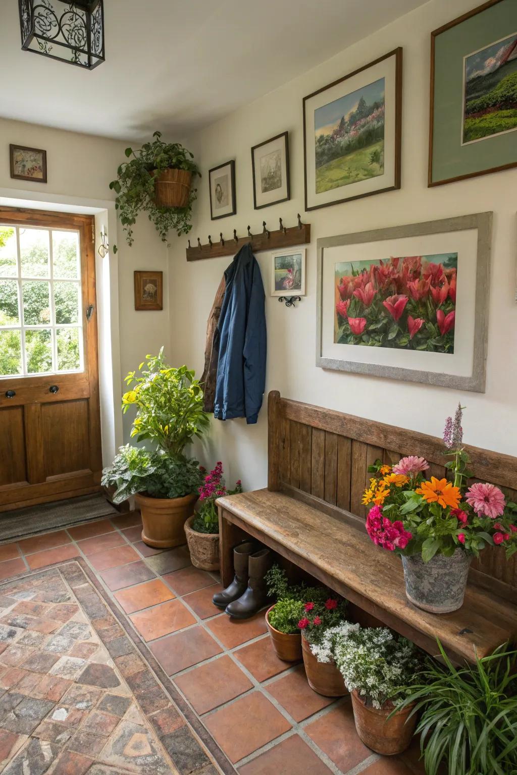 A mudroom enhanced with houseplants and artwork.