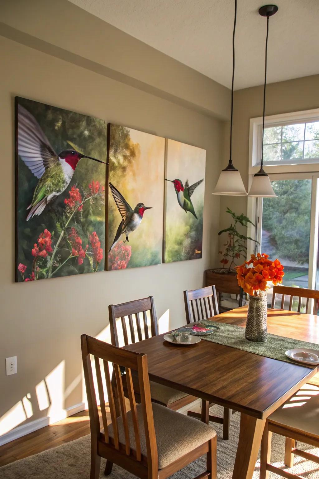 This dynamic hummingbird piece brings beauty and spirit to the dining area.