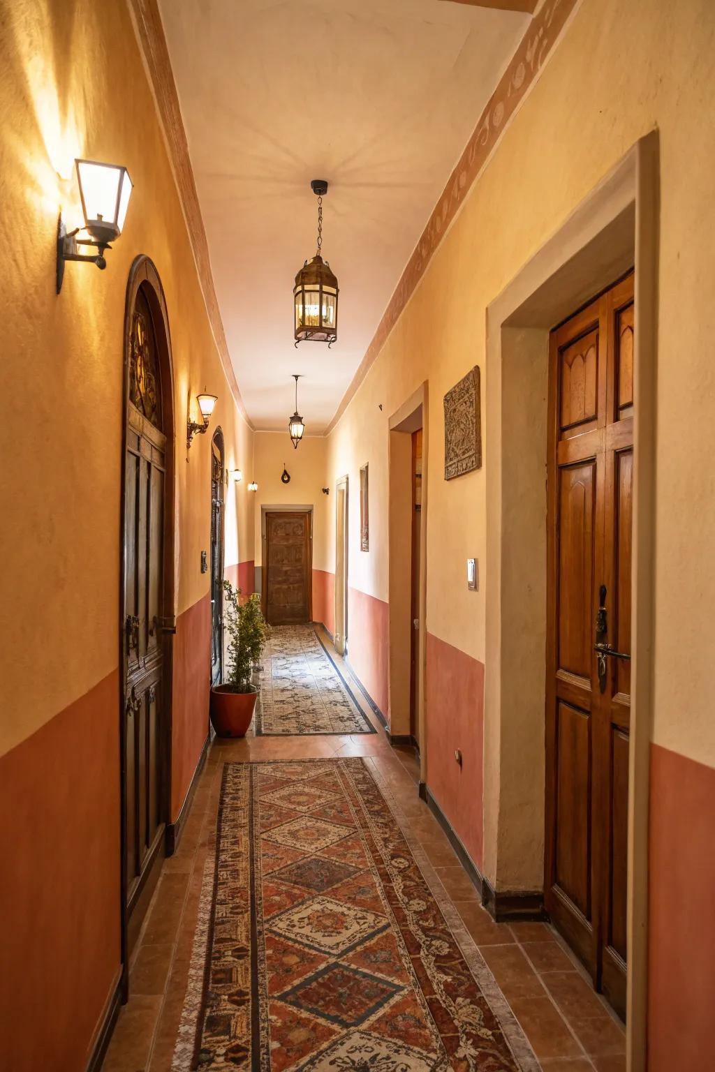 Warm suggestions bring coziness and coherence to a restricted hallway.