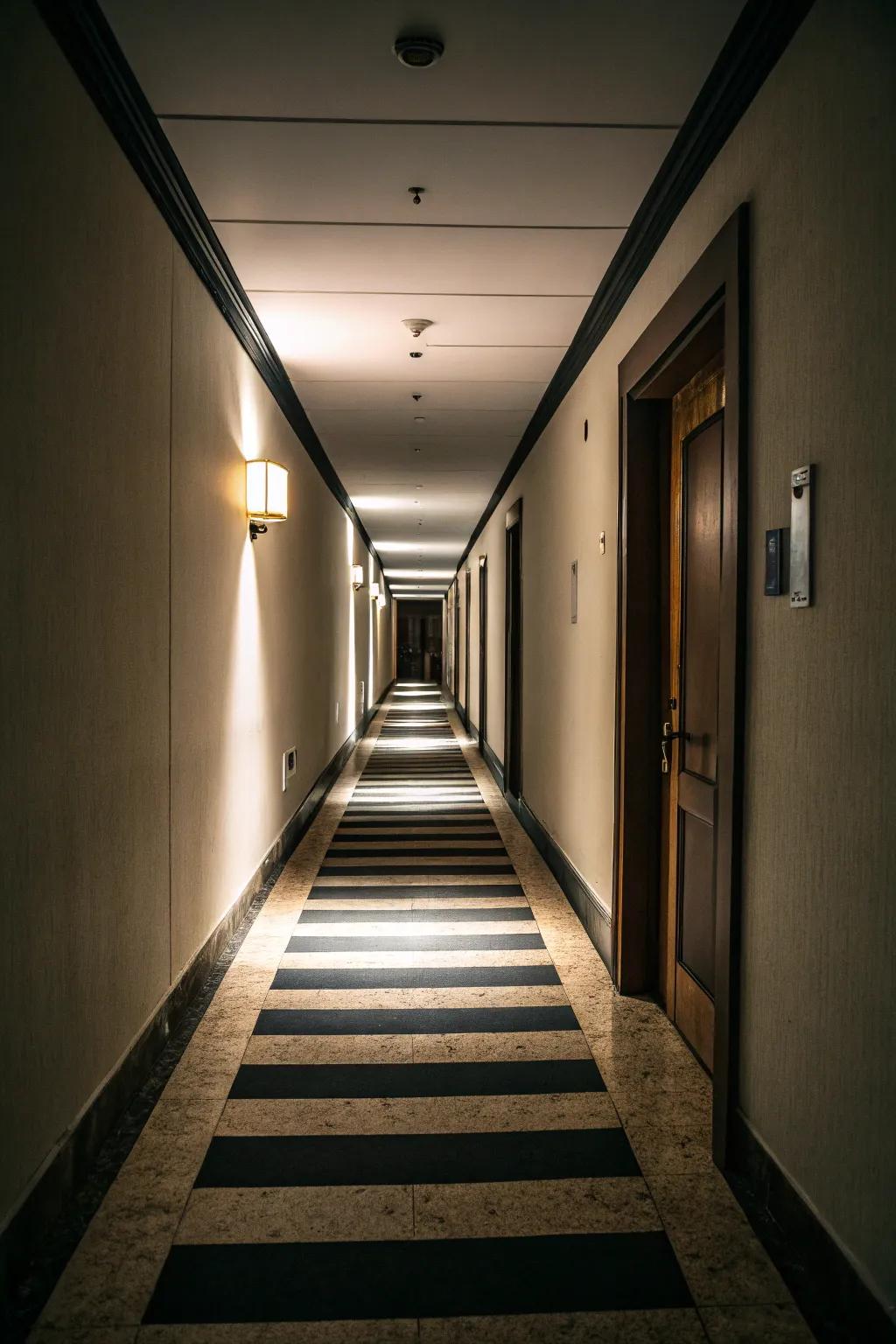 Employing light and dark tones creates an engaging contrast in narrow hallways.