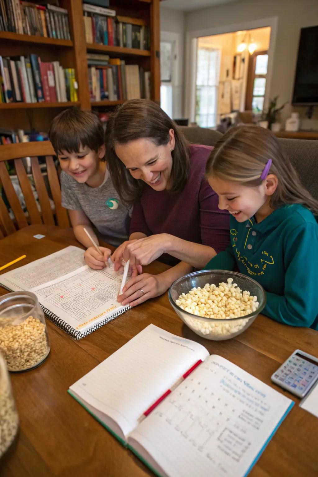 A household exploring instructive activities with popcorn.