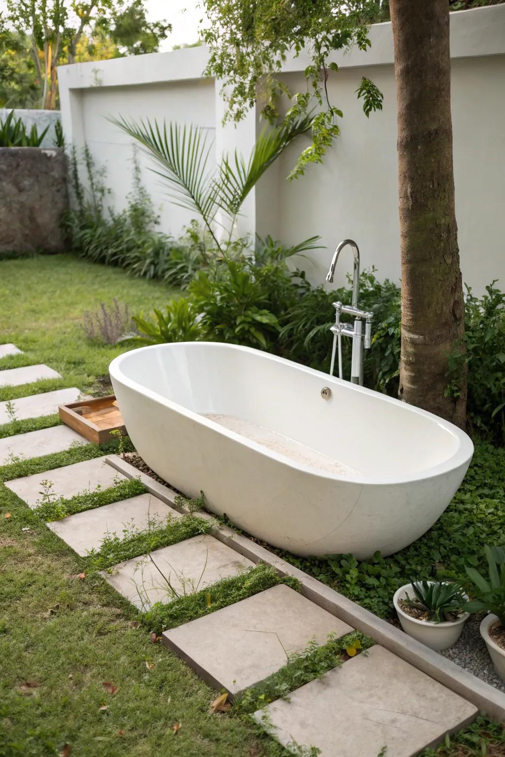 Embrace simple stillness with a sleek outdoor bathtub design.