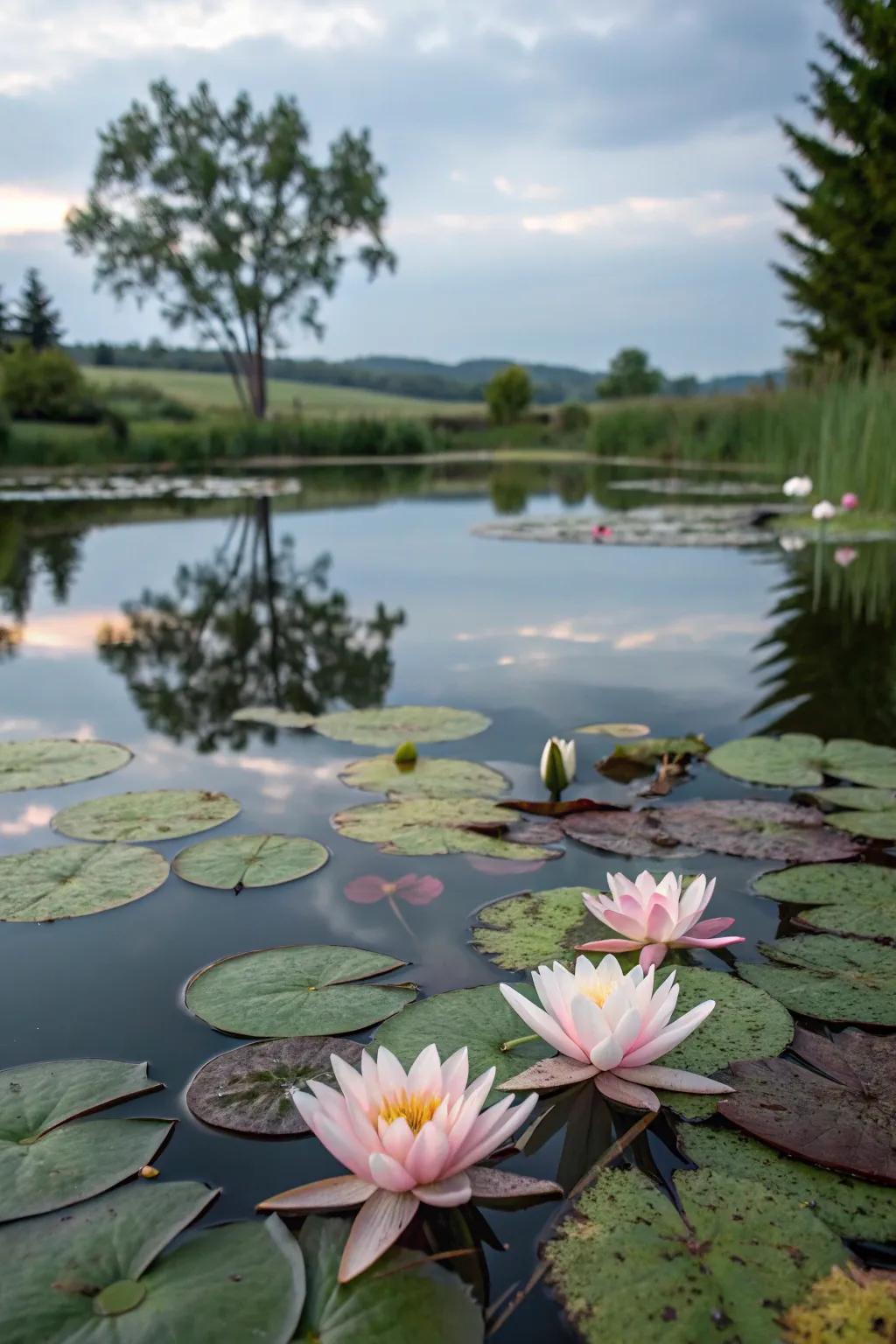 Lotus plants offer shade and charm to an organic pond.